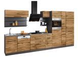 Küchenzeile KOCHSTATION "KS-Tulsa", braun (küche: natur, korpus: grafit, arbeitsplatte: anthrazit), B:380cm T:60cm, Komplettküchen-Sets, Küchenzeile, mit E-Geräten, Breite 380 cm, schwarze Metallgriffe, MDF Fronten