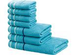 Handtuch Set OTTO HOME "Niki, Duschtuch, Handtücher und Gästetücher", blau (petrol), Walkfrottee, Walkfrottee, Obermaterial: 100% Baumwolle, Handtuch-Sets, Handtuch Set, Handtücher mit mehrfarbiger Streifenbordüre, weich, aus 100% Baumwolle
