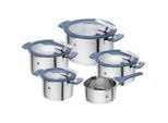 Zwilling Kochtopfset Simplify, Pastellblau, Metall, Glas, 5-teilig, 16 cm,20 cm,16 cm, rund, Messskala, backofengeeignet, kratzfest, hitzebeständige Griffe, Abgießfunktion, mit Silikongriffen, hitzebeständig,mit Silikonring, aufstellbar, Kochen, Töpfe, Topfsets
