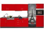 Küchenzeile KOCHSTATION "KS-Paris – Küchen mit einzigartigen Fotomotiven auf den Fronten", rot (küche: rot, front: rot, korpus: grafit, arbeitsplatte: anthrazit), B:340cm H:200cm T:60cm, Komplettküchen-Sets, Küchenzeile, Breite 340 cm, wahlweise mit E-Geräten und Induktion