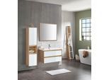 Waschtisch WELLTIME "Torun Badezimmerschrank Unterschrank mit Glasfronten und Softclose", weiß (weiß, eiche, natur), B:81cm H:50cm T:46cm, MDF, Waschtische, Waschtisch, Waschplatz mit 2 Schubladen und Waschbecken Breite 80 cm
