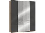 Mid.you , Grau, Eichefarben , Glas , 4 Fächer , 200x236x58 cm , BQ - Bündnis für Qualität, Made in Germany, DIN EN ISO 9001 , umfangreiches Zubehör erhältlich, in verschiedenen Größen erhältlich, in verschiedenen Holzdekoren erhältlich, Schrankfront mit Spiegel , Schlafzimmer, Kleiderschränke, Drehtürenschränke