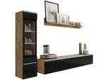 P & B , Eiche Wotan, Schwarz Hochglanz , Glas, Holzwerkstoff , 3 Fächer , 210x130x33 cm , Fsc, Made in EU , stehend, hängend, Beleuchtung, in verschiedenen Holzdekoren erhältlich , Wohnzimmer, Wohnwände, Wohnwände