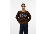 Strickpullover VERO MODA "VMNEWKAI LS O-NECK PULLOVER BOO", Damen, Gr. L, braun (emperador pattern:with schwarz zebra pattern, baby lavender text), Strick, Obermaterial: 52% Polyester, 40% Polyacryl, 5% Wolle, 3% Elasthan, gemustert, regular fit, Rundhals, Rippbündchen, Pullover Strickpullover