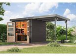Gartenhaus KARIBU "Jupiterino 3 SET, in verschiedenen Farben", terragrau, graualuminium, ohne Fußboden, Blechdach, Massivholz, Gartenhäuser, Gartenhaus, inkl. Anbaudach