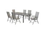 Gardenson , Braun, Silberfarben , Metall, Textil , Uni , Tisch ausziehbar, Stuhl klappbar, Tisch mit Glasplatte, platzsparend verstaubar, Rückenlehne mehrfach verstellbar , Gartenmöbel, Gartenmöbel-Sets, Gartengarnituren