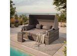 Ambia Garden Loungegarnitur, Grau, Metall, Kunststoff, Füllung: Faserbällchen,Komfortschaum, einzeln stellbar, eckig, Fsc, Bsci, UV-beständig, hochklappbare Sonnenblende, Tisch mit Glasplatte, Hocker umfunktionierbar zu, Loungemöbel, Gartenlounge-Sets