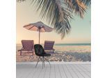 Fototapete QUEENCE "Strandliegen am Meer", gold (goldfarben), B:360m H:250m, Vinyl, Tapeten, Wandpaneele, selbstklebend, Tapete, Sticker, Wanddeko, XXL-Fotomotiv