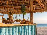 Fototapete LIVING WALLS "Designwalls Beach Bar", braun (braun, blau), B:3,5m L:2,55m, Vlies, Tapeten, Vlies, Wand, Schräge, Decke