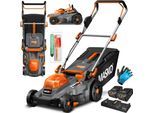 MASKO® Akku Rasenmäher ECO-X10 inkl. 1 oder 2 Akkus Li-Ion Batterie 4 Ah & Doppel-Ladegerät – Rasentrimmer, 25-75mm Schnitthöhenverstellung, 33/37/43cm Schnittbreite, Inkl. Handschuhe & Bürste