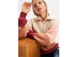 Troyer BONPRIX, Damen, Gr. 44/46 (L), beige (creme, altrosa, bordeaux quer gestreift), Strick, Obermaterial: 76% Polyacryl, 24% Polyester, mehrfarbig, oversize hüftlang, Rundhals, weit Strickbündchen, Pullover Troyer, mit Umlegekragen, Oversize Passform