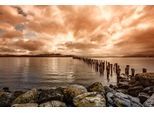 Fototapete PAPERMOON "HOLZ-BRÜCKE-ALT PUERTO NATALES INSEL PIER STEG MEER SEE", bunt, B:3,5m L:2,6m, Vlies, Tapeten