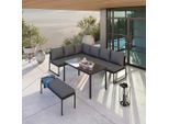 Beldano , Anthrazit, Schwarz, Dunkelgrau , Metall, Glas, Textil , Füllung: Polyester,Polyester , Eckteil , 241x183 cm , Tisch mit Glasplatte , Gartenmöbel, Loungemöbel, Loungegarnituren