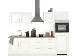 Küchenzeile KOCHSTATION "KS-Stockholm – Küche mit hochwertiger und detailreicher Landhausfront", weiß (küche: weiß, front: weiß, korpus: weiß, arbeitsplatte: eichefarben sonoma), B:270cm T:60cm, Komplettküchen-Sets, Küchenzeile, Breite 270 cm, wahlweise mit E-Geräten,mit MDF-Fronten