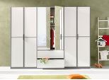 Kleiderschrank RAUCH "Schrank Drehtürenschrank Garderobe Ankleide Schlafzimmer ESSENSA", weiß (graumetallic, weiß), B:271cm H:210cm T:54cm, Holzwerkstoff, Schränke, Kleiderschrank, voll aufgelegte Spiegeltüren, 2 große Schubladen MADE IN GERMANY