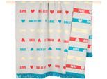 Wohndecke PAD "TRAVELLER, Bulli", bunt (multi), B:150cm L:200cm, Mischgewebe, Wohndecken, Wohndecke, Made in Europe, Wendefunktion, mit Schriftzug & Fransen, 150x200 cm