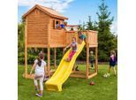 Spielturm FUNGOO "My SIDE", braun (gelb), Spieltürme, KinderB:390cm H:305cm T:253cm, Holz, Metall, Polyethylen, Spielhaus mit Rutsche, B:390cm H:305cm T:253cm