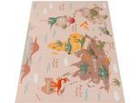 Kinderteppich PACO HOME "Bino 583", beige, B:100cm H:4mm L:200cm, Polyester, Teppiche, Kinderteppich, Spielteppich, Motiv Weltkarte & Dinosaurier, Kinderzimmer