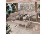 Beldano , Creme, Hellgrau, Beige , Metall, Glas, Textil , Füllung: Schaumstoff,Polyester , L-Form , 242x195 cm , wetterbeständig , Gartenmöbel, Loungemöbel, Loungegarnituren