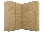 Schwebetürenschrank RAUCH "Schrank Garderobe Eckkleiderschrank QUADRA Front in Dekor/Hochglanz", braun (eiche artisan), B:181cm H:210cm T:187cm, Holzwerkstoff, Schränke, Schwebetürenschrank, großer Eckschrank mit viel Stauraum, Maß 181x187 cm MADE IN GERMANY