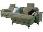 Ecksofa 3C CARINA "Burnaby bequem und modern, L-Form", grün (oliv), B:296cm H:87cm T:162cm, Chenille-Optik (59, 7% Polyester, 34, 4% Polyacryl, 5, 9% Viskose), Sofas, Ecksofa, 2 Kopfstützen, optional mit Schlaf- und motorischer Relaxfunktion