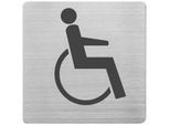 Hinweisschild „WC Rollstuhl“, quadratisch, inkl. Selbstklebepad, L 90 x B 90 mm, Edelstahl gebürstet, silber-schwarz