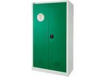 Schäfer Shop Select Gefahrstoffschrank, B 950 x T 500 x H 1585 mm, 1 Fachboden, 1 WHG‑Wanne, Sicherheitsfach Typ 30, lichtgrau/türkisgrün