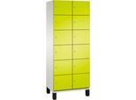 C+P Schließfachschrank Cambio, 2 Abteile, 12 Fächer, auf Füßen, B 800 x T 525 x H 1980 mm, lichtgrau/clowngrün
