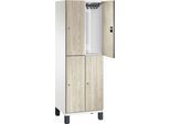 C+P Doppelstöckiger Spind Cambio, 2 Abteile, 4 Fächer, auf Füßen, B 600 x T 525 x H 1980 mm, verkehrsweiß/Sen Esche‑Dekor