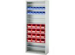 Magazinregal C+P Serie 13, mit 28 Sichtlagerkästen SSI Schäfer Serie PROFI LF 211/221, 10 Fachböden, abschließbar, B 700 x T 300 x H 1690 mm, Stahl, lichtgrau RAL 7035