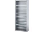 Magazinregal C+P Serie 13, ohne Sichtlagerkästen, 10 Fachböden, abschließbar, B 700 x T 300 x H 1690 mm, Stahl, weißaluminium RAL 9006