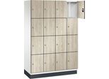 C+P Schließfachschrank Cambio, 4 Abteile, 16 Fächer, mit Sockel, B 1200 x T 525 x H 1980 mm, verkehrsweiß/Sen Esche‑Dekor