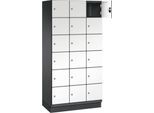 C+P Schließfachschrank Cambio, 3 Abteile, 18 Fächer, mit Sockel, B 900 x T 525 x H 1980 mm, schwarzgrau/weiß