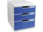 Exacompta MODULO A4 Schubladenbox Blau, 3 Schubladen geschlossen A4/A4+, staubgeschützt, leise, Sicherheitsstopp Fragen Erklären