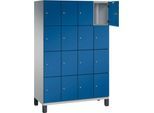 C+P Schließfachschrank Cambio, 4 Abteile, 16 Fächer, auf Füßen, B 1200 x T 525 x H 1980 mm, weißaluminium/enzianblau