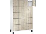C+P Schließfachschrank Cambio, 4 Abteile, 20 Fächer, auf Füßen, B 1200 x T 525 x H 1980 mm, verkehrsweiß/Sen Esche‑Dekor