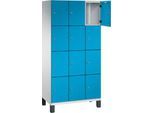 C+P Schließfachschrank Cambio, 3 Abteile, 12 Fächer, auf Füßen, B 900 x T 525 x H 1980 mm, lichtgrau/lichtblau