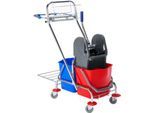 Schäfer Shop Select Reinigungswagen, 2 x 17 l Eimer/Mopp-Presse/Gitterkorb/Müllsackhalter, Lenkrollen, B 400 x T 920 x H 980 mm, blau-rot