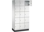 C+P Schließfachschrank Cambio, 3 Abteile, 15 Fächer, mit Sockel, B 900 x T 525 x H 1980 mm, lichtgrau