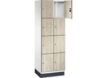 C+P Schließfachschrank Cambio, 2 Abteile, 8 Fächer, mit Sockel, B 600 x T 525 x H 1980 mm, verkehrsweiß/Sen Esche‑Dekor