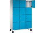 C+P Schließfachschrank Cambio, 3 Abteile, 12 Fächer, auf Füßen, B 1200 x T 525 x H 1980 mm, lichtgrau/lichtblau