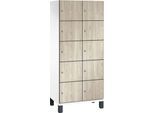 C+P Schließfachschrank Cambio, 2 Abteile, 10 Fächer, auf Füßen, B 800 x T 525 x H 1980 mm, verkehrsweiß/Sen Esche-Dekor