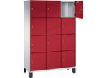 C+P Schließfachschrank Cambio, 3 Abteile, 12 Fächer, auf Füßen, B 1200 x T 525 x H 1980 mm, lichtgrau/rubinrot