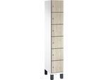 C+P Schließfachschrank Cambio, 1 Abteil, 6 Fächer, auf Füßen, B 300 x T 525 x H 1980 mm, verkehrsweiß/Sen Esche‑Dekor