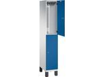 C+P Doppelstöckiger Spind Cambio, 1 Abteil, 2 Fächer, auf Füßen, B 300 x T 525 x H 1980 mm, lichtgrau/enzianblau