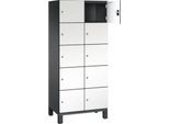 C+P Schließfachschrank Cambio, 2 Abteile, 10 Fächer, auf Füßen, B 800 x T 525 x H 1980 mm, schwarzgrau/weiß