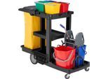 Schäfer Shop Select Reinigungswagen, 3 Etagen, 6 farbsortierte Eimer, Müllsack, herausnehmbare Mopp-Presse, Schiebebügel, B 1360 x T 570 x H 990 mm