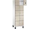 C+P Schließfachschrank Cambio, 2 Abteile, 10 Fächer, auf Füßen, B 600 x T 525 x H 1980 mm, verkehrsweiß/Sen Esche-Dekor