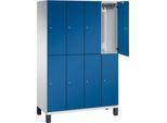 C+P Doppelstöckiger Spind Cambio, 4 Abteile, 8 Fächer, auf Füßen, B 1200 x T 525 x H 1980 mm, lichtgrau/enzianblau