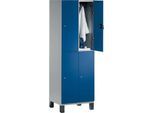C+P Doppelstöckiger Spind Cambio, 2 Abteile, 4 Fächer, auf Füßen, B 600 x T 525 x H 1980 mm, lichtgrau/enzianblau